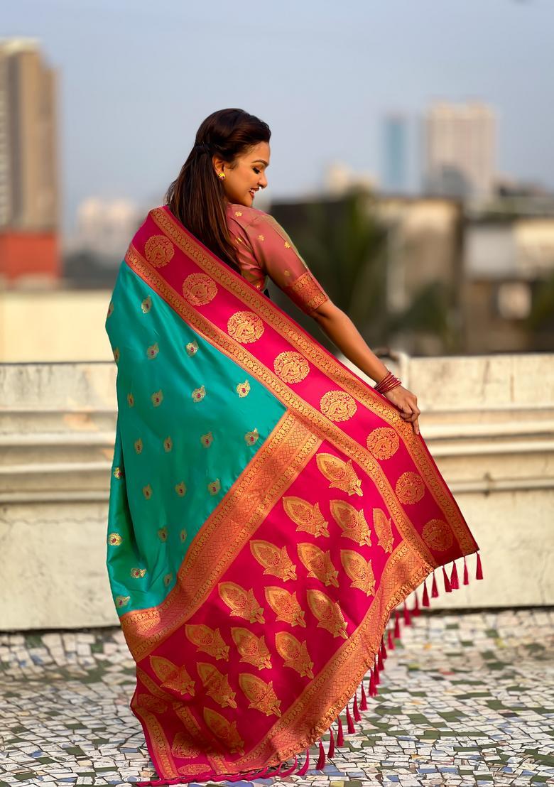 Sea Green Zari Work Silk Saree Set - Indya
