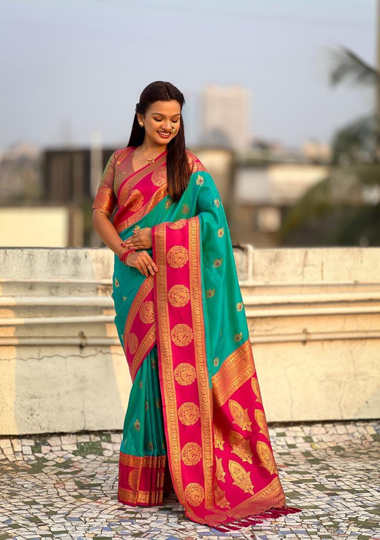 Sea Green Zari Work Silk Saree Set - Indya