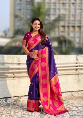 Violet Zari Work Silk Saree Set