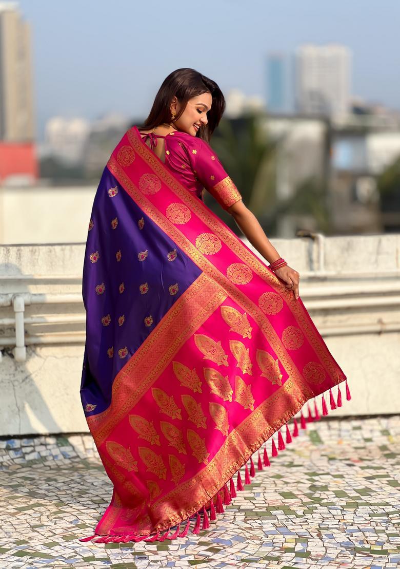 Violet Zari Work Silk Saree Set - Indya