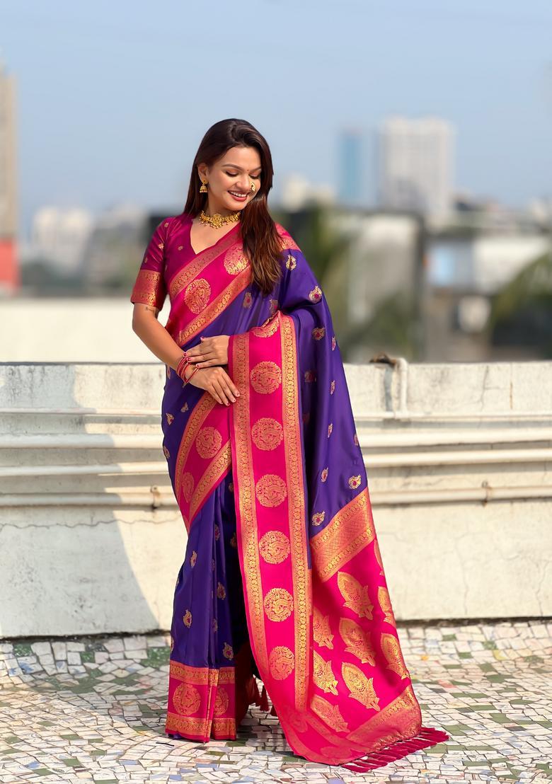 Violet Zari Work Silk Saree Set - Indya
