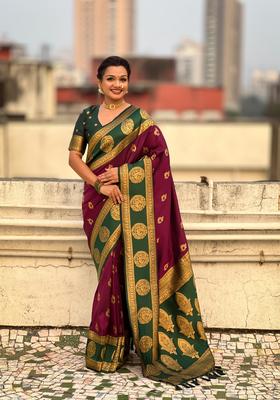 Wine Zari Work Silk Saree Set