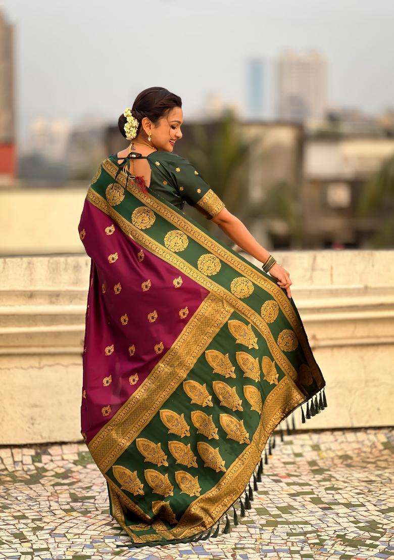 Wine Zari Work Silk Saree Set - Indya