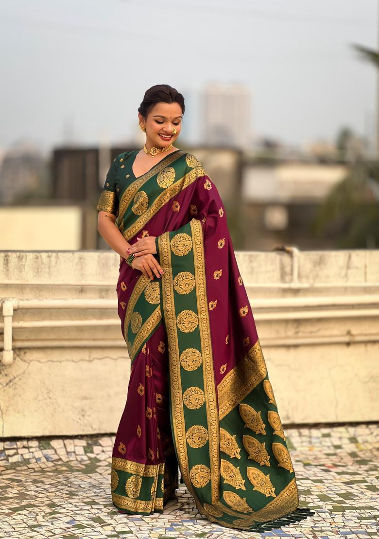 Wine Zari Work Silk Saree Set - Indya