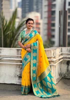 Yellow Zari Work Silk Saree Set