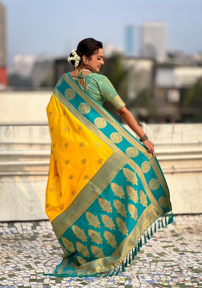 Yellow Zari Work Silk Saree Set - Indya