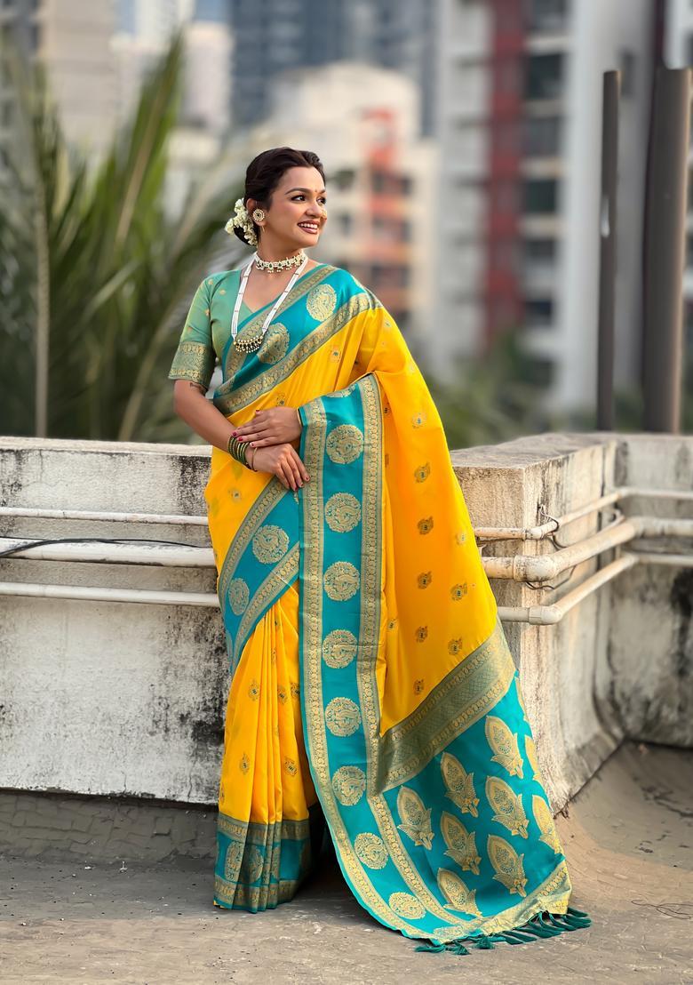 Yellow Zari Work Silk Saree Set - Indya