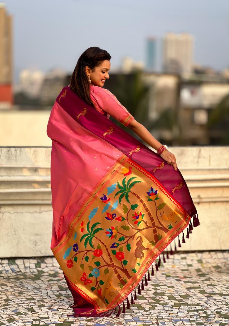 Pink Zari Work Silk Saree Set - Indya
