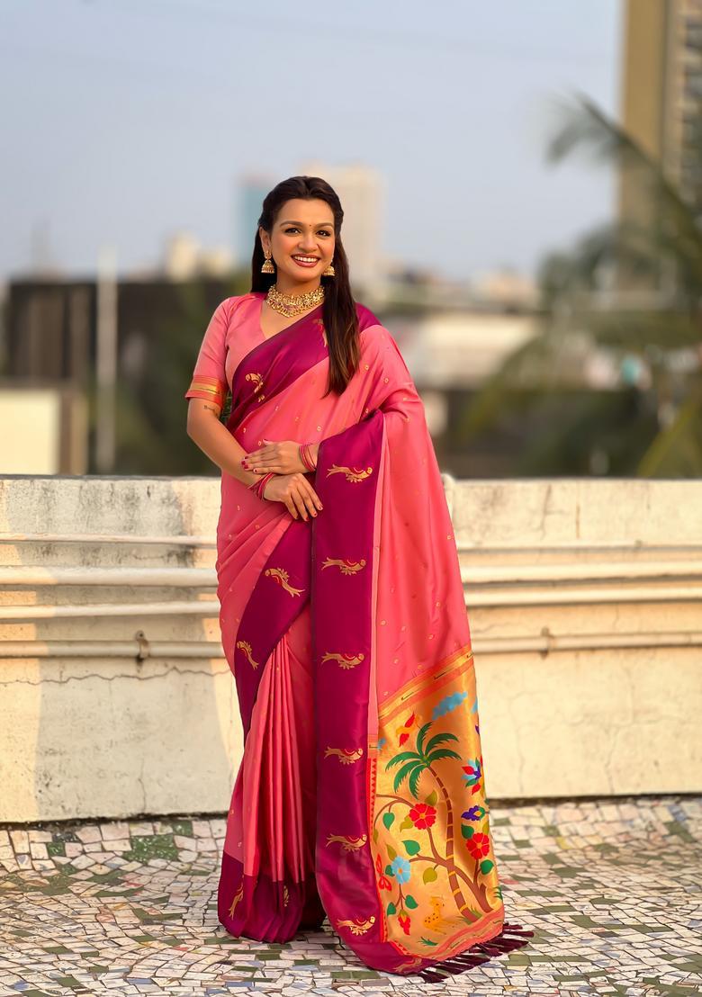 Pink Zari Work Silk Saree Set - Indya