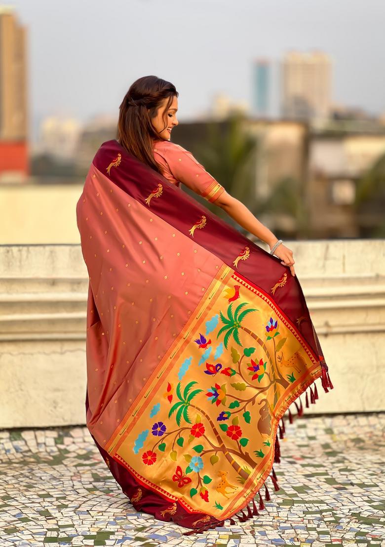 Coral Zari Work Silk Saree Set - Indya