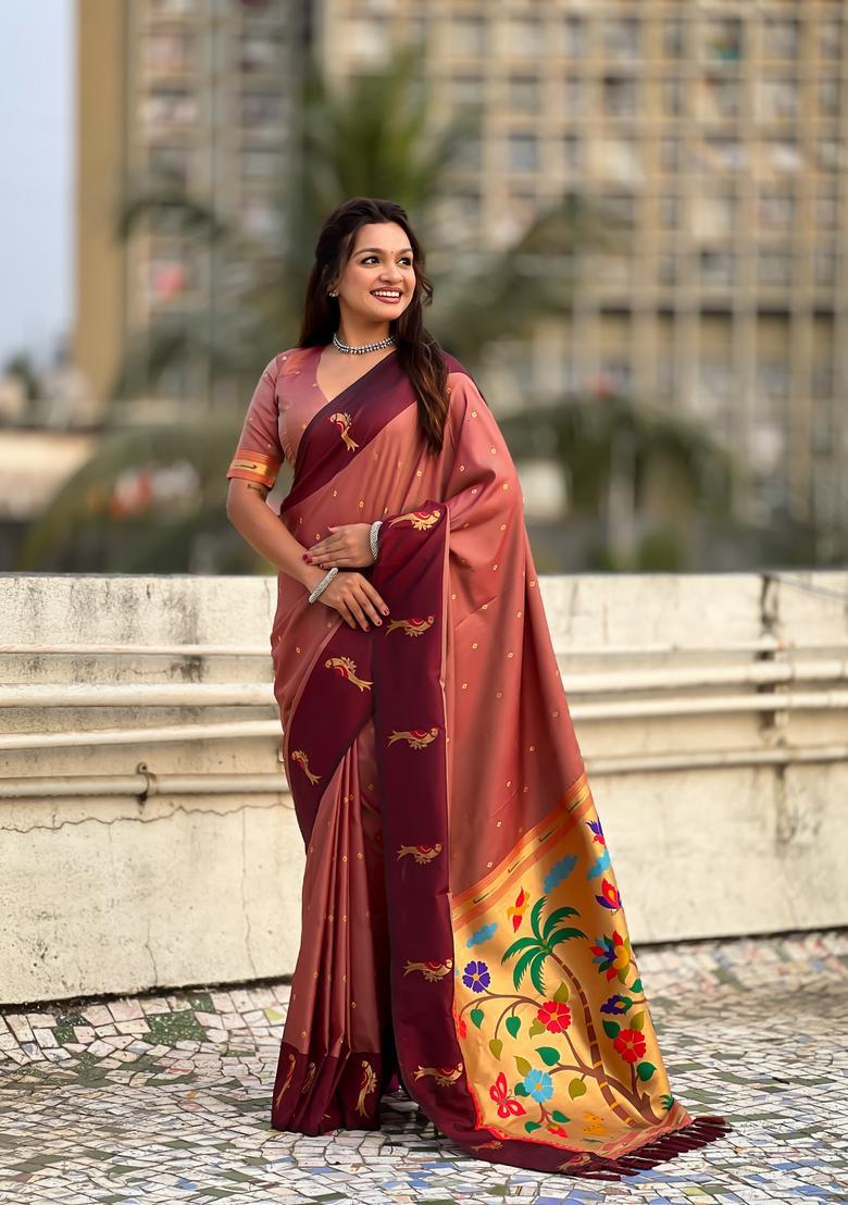 Coral Zari Work Silk Saree Set - Indya