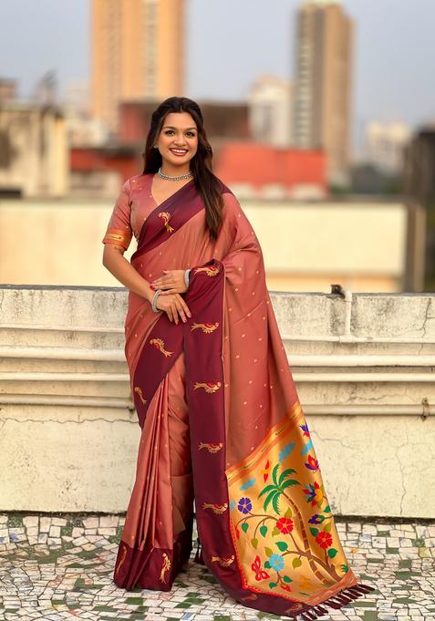 Coral Zari Work Silk Saree Set