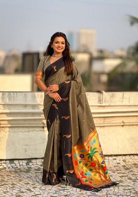 Grey Zari Work Silk Saree Set