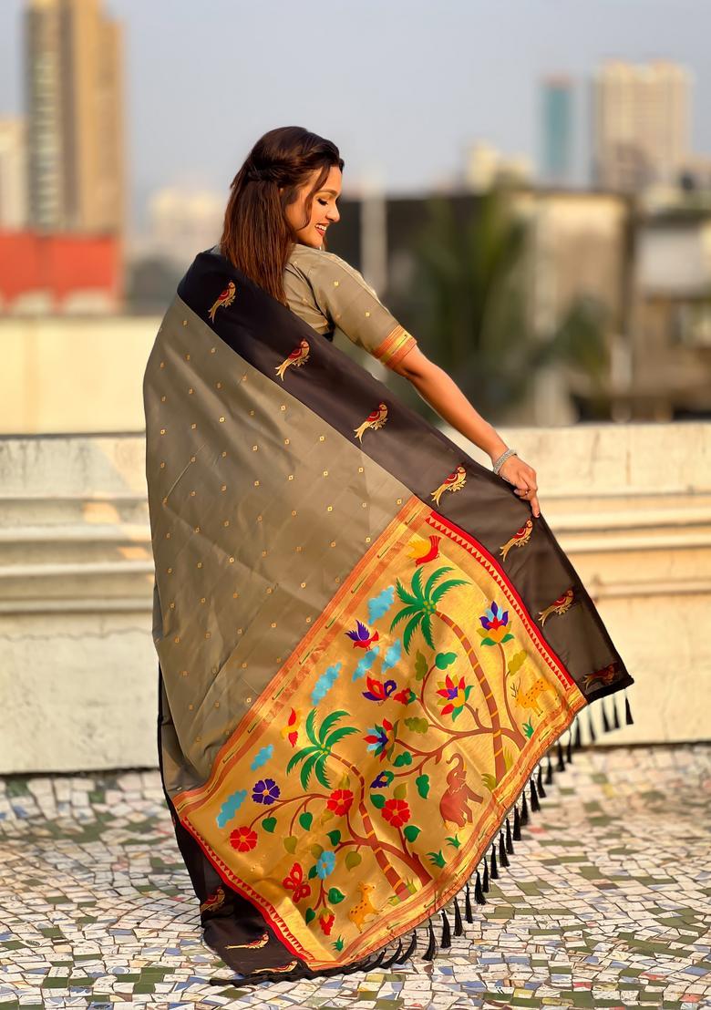 Grey Zari Work Silk Saree Set - Indya