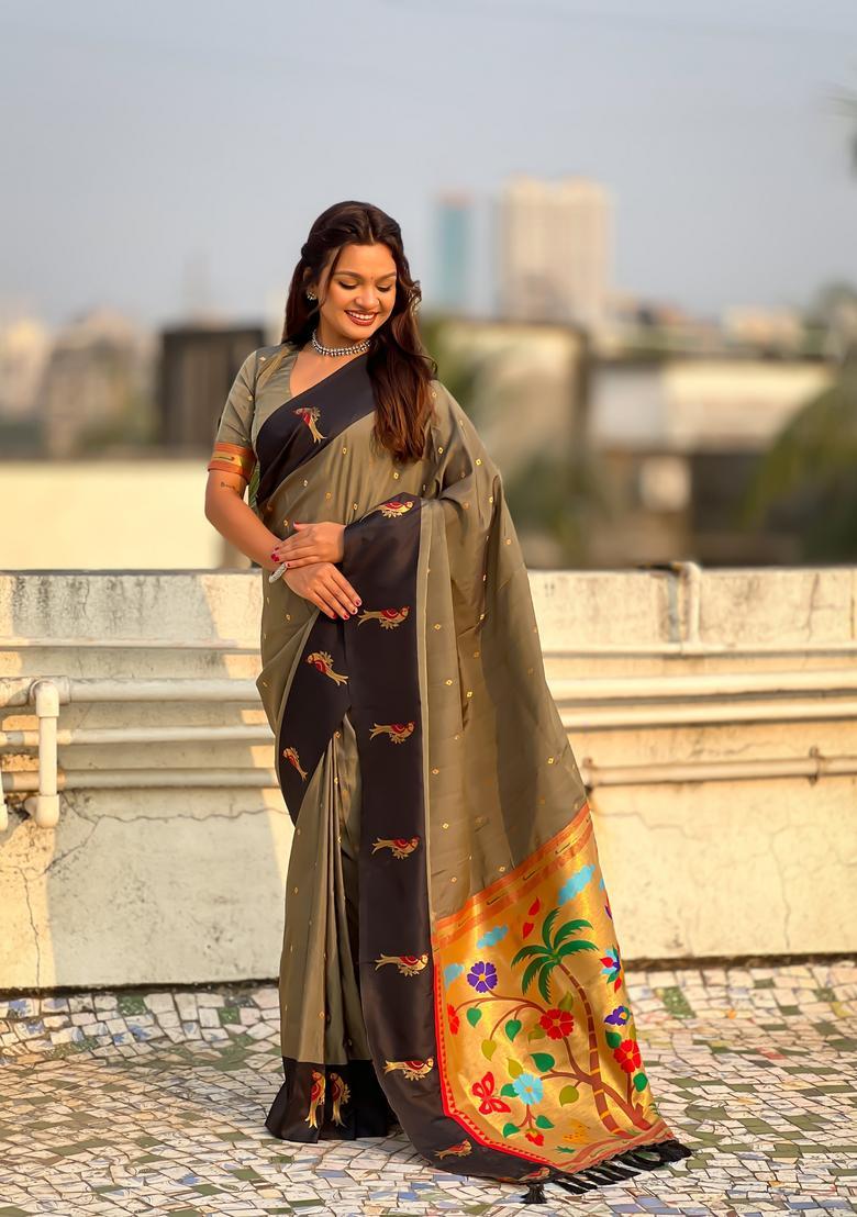 Grey Zari Work Silk Saree Set - Indya