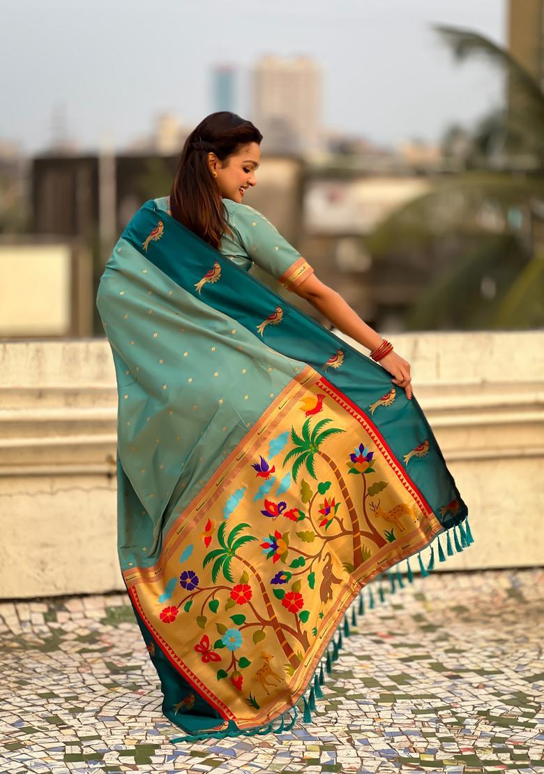Sky Blue Zari Work Silk Saree Set - Indya