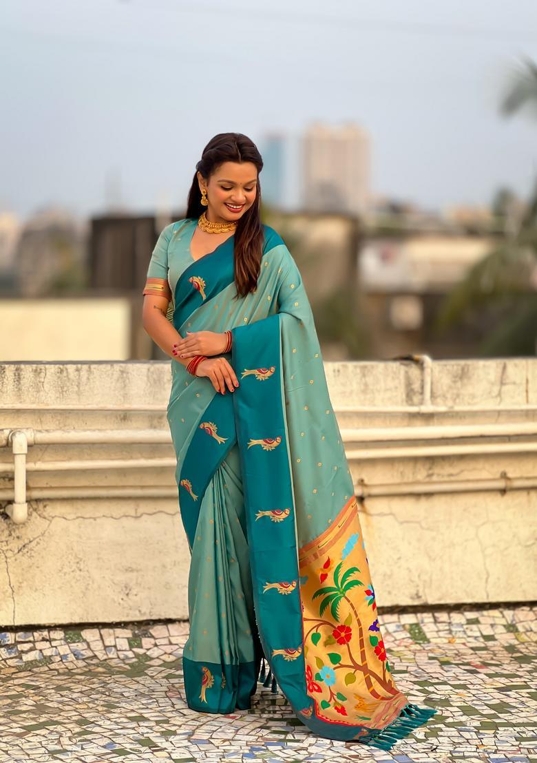 Sky Blue Zari Work Silk Saree Set - Indya