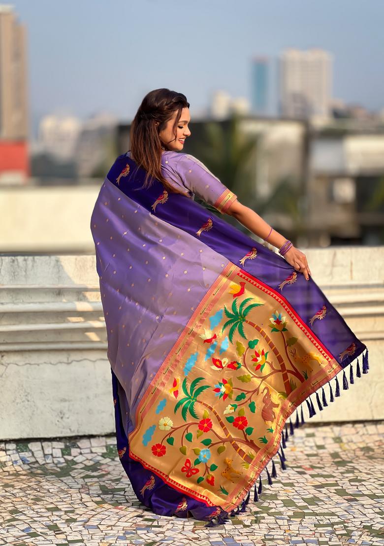 Violet Zari Work Silk Saree Set - Indya