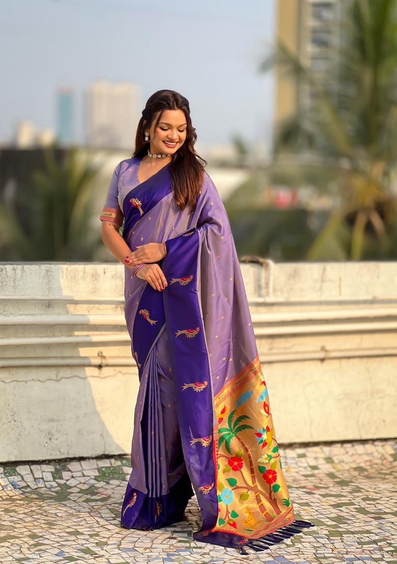 Violet Zari Work Silk Saree Set - Indya