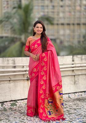Pink Zari Work Silk Saree Set
