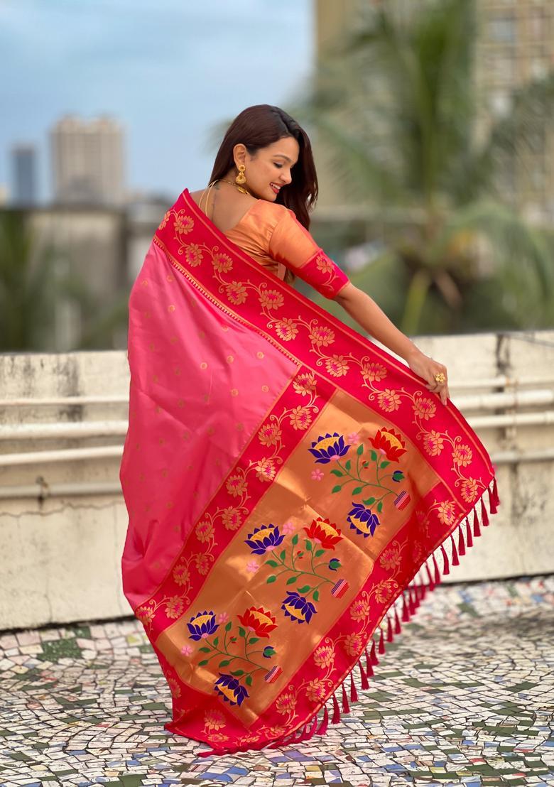 Pink Zari Work Silk Saree Set - Indya
