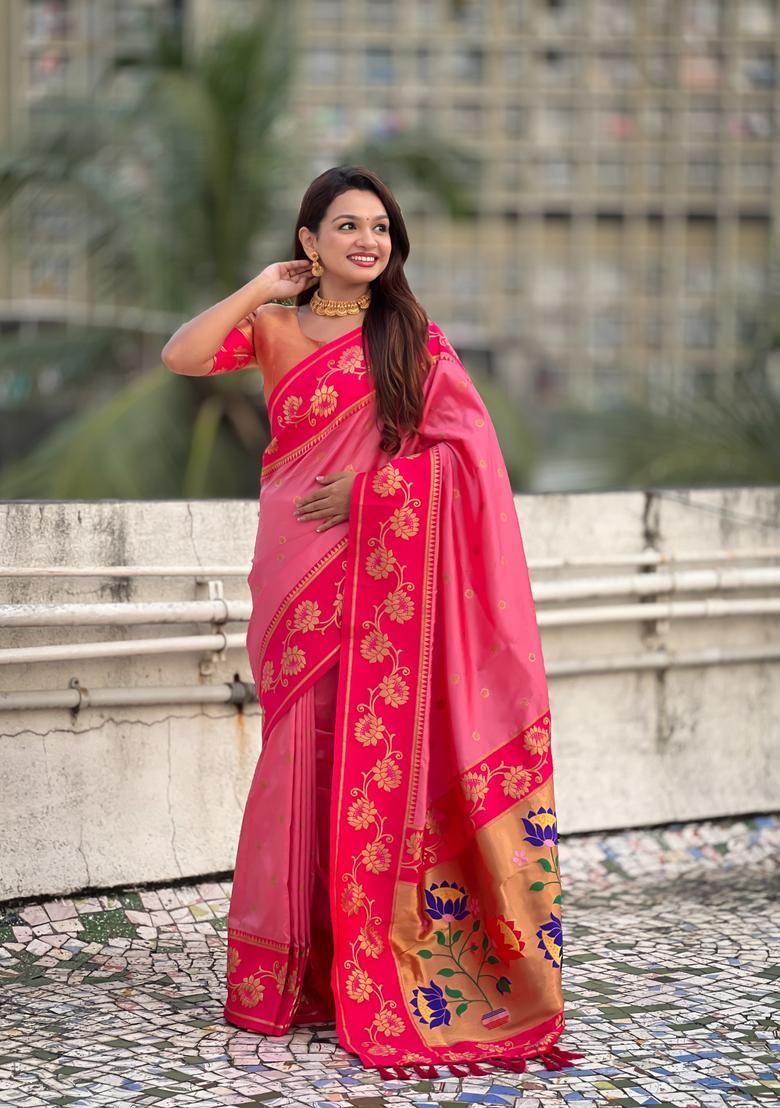 Pink Zari Work Silk Saree Set - Indya