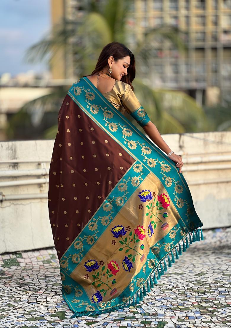 Coffee Zari Work Silk Saree Set - Indya