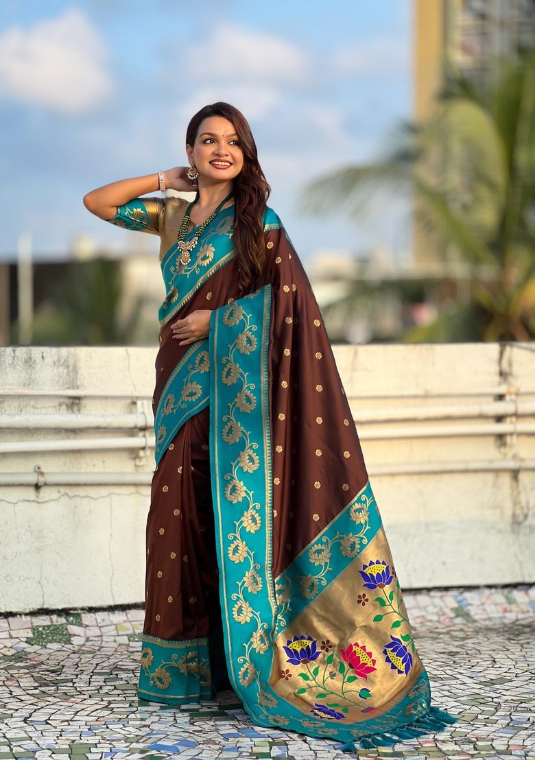 Coffee Zari Work Silk Saree Set - Indya