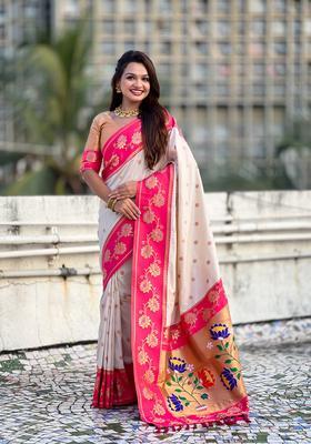 Cream Zari Work Silk Saree Set