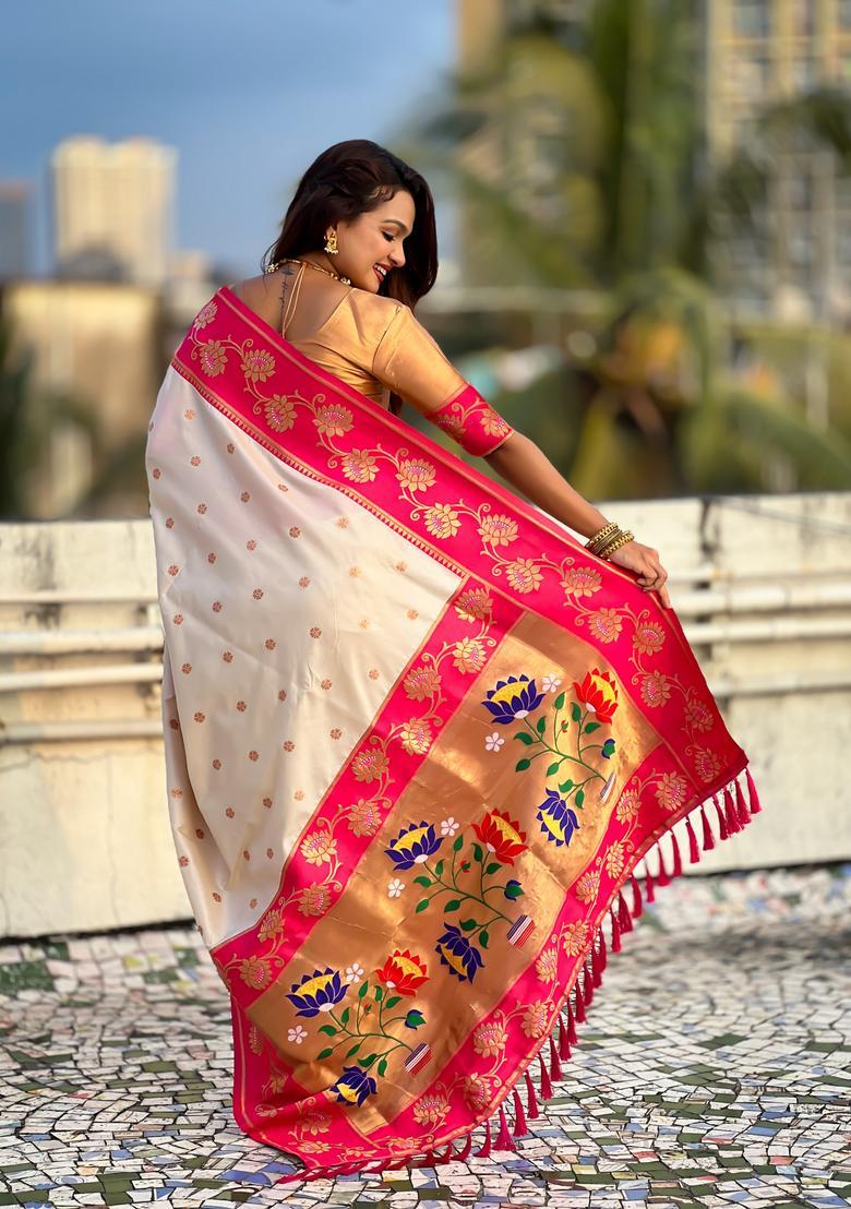 Cream Zari Work Silk Saree Set - Indya