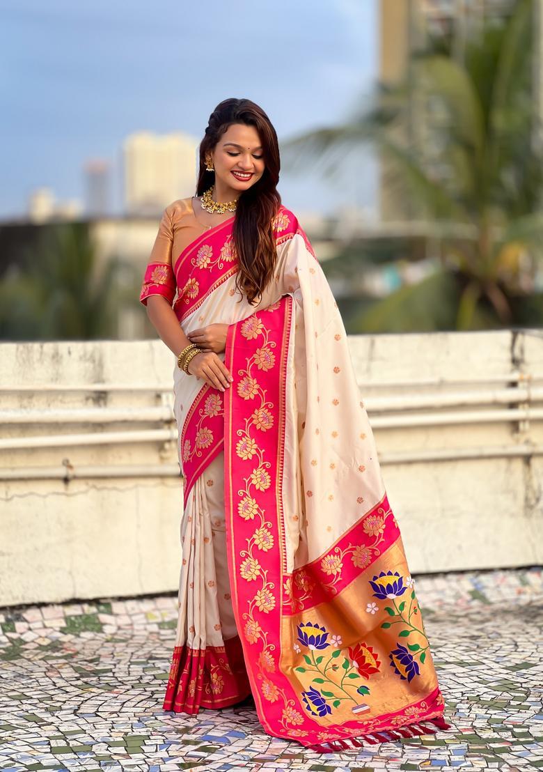 Cream Zari Work Silk Saree Set - Indya