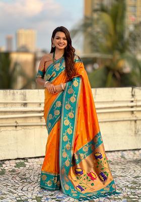 Orange Zari Work Silk Saree Set
