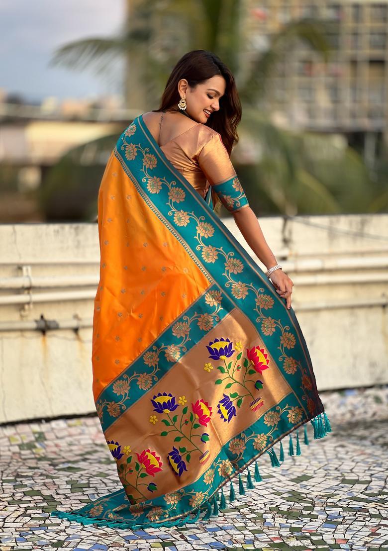 Orange Zari Work Silk Saree Set - Indya