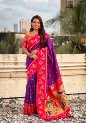Purple Zari Work Silk Saree Set