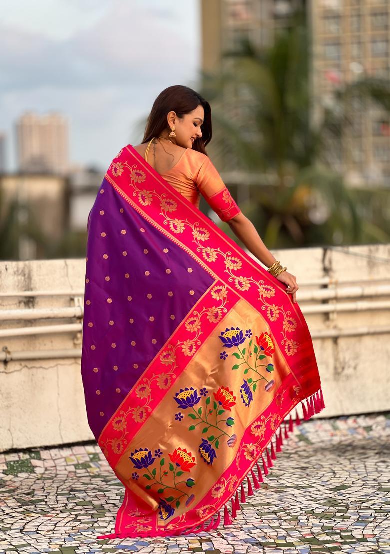 Purple Zari Work Silk Saree Set - Indya