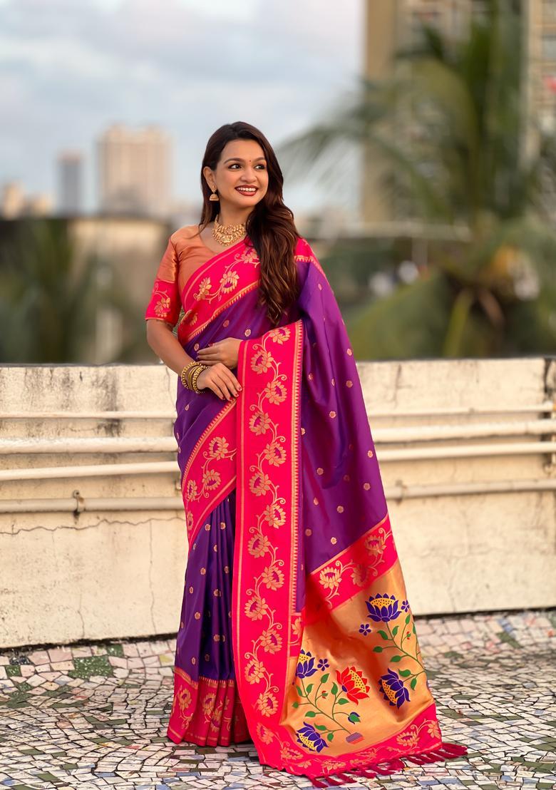 Purple Zari Work Silk Saree Set - Indya