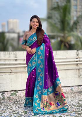 Purple Zari Work Silk Saree Set