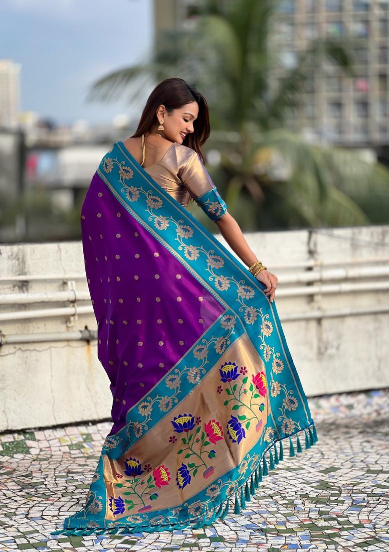 Purple Zari Work Silk Saree Set - Indya
