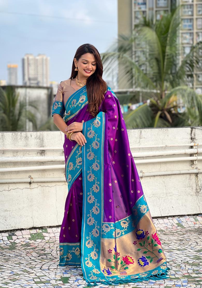 Purple Zari Work Silk Saree Set - Indya