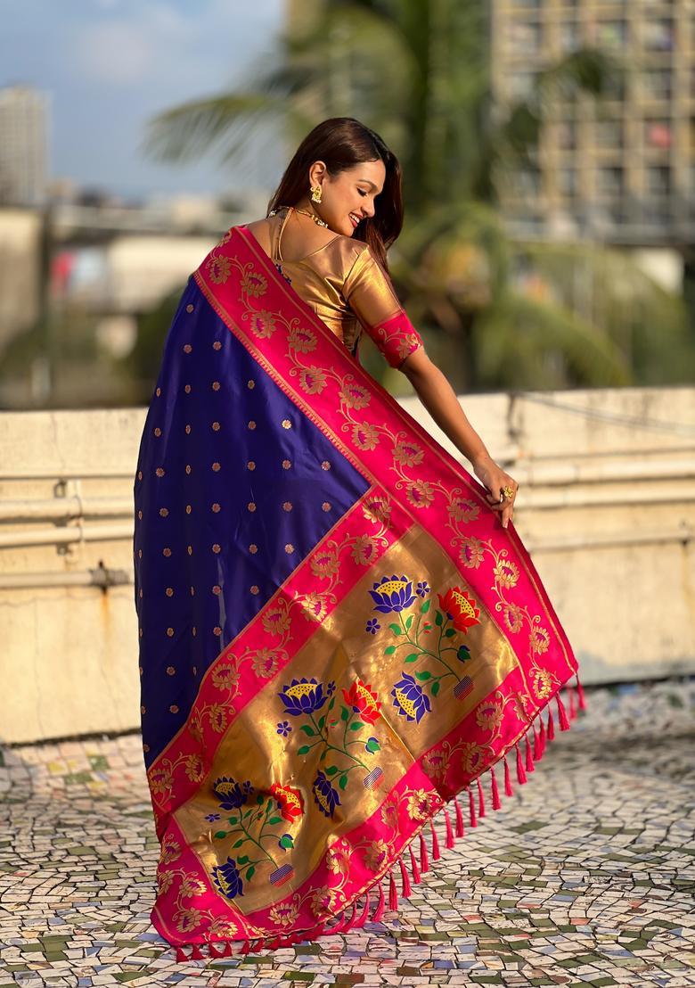 Violet Zari Work Silk Saree Set - Indya