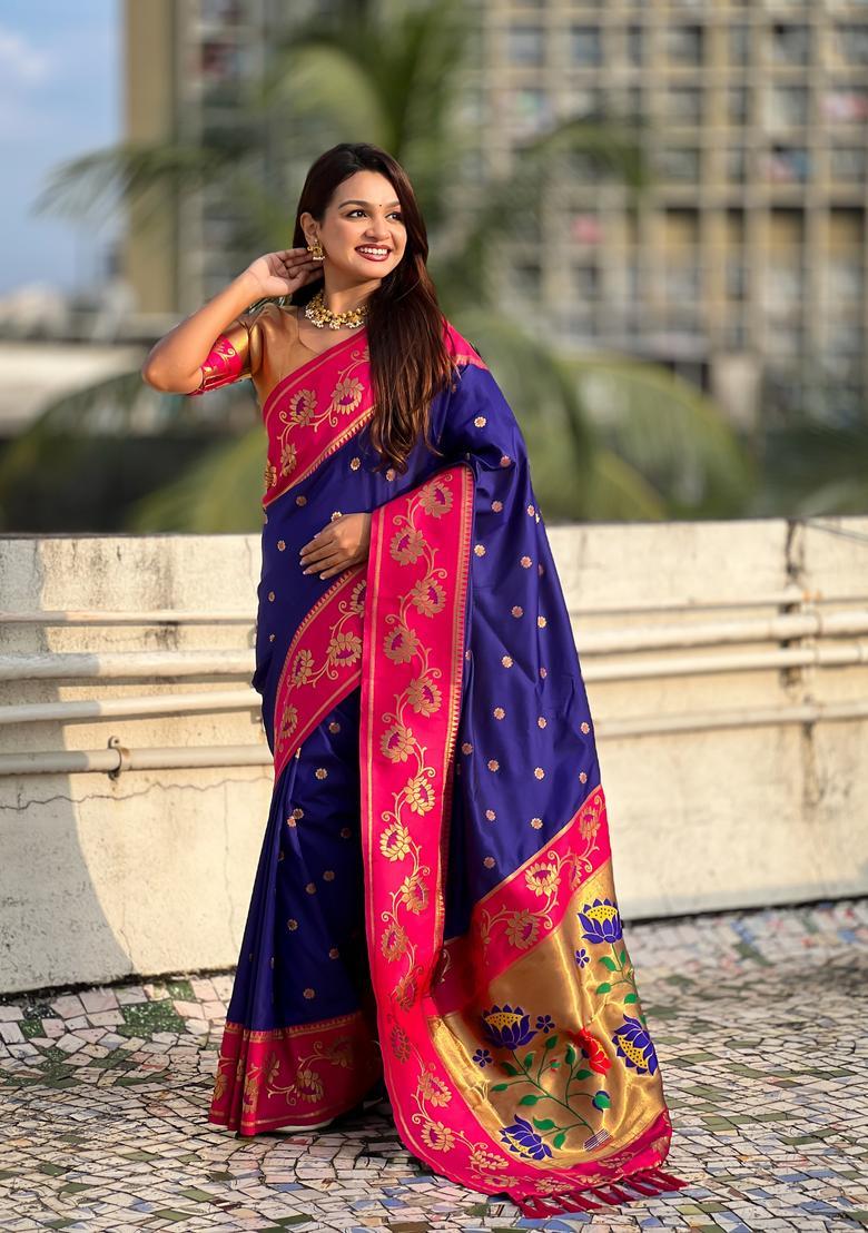Violet Zari Work Silk Saree Set - Indya