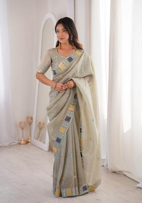 Grey Embroidery Silk Saree Set