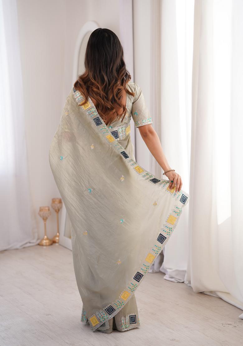 Grey Embroidery Silk Saree Set - Indya