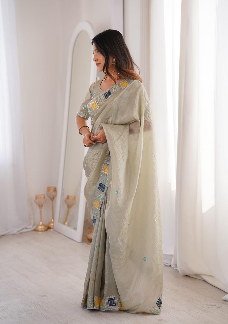 Grey Embroidery Silk Saree Set - Indya