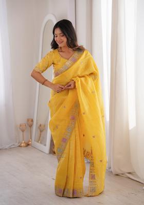 Yellow Embroidery Silk Saree Set