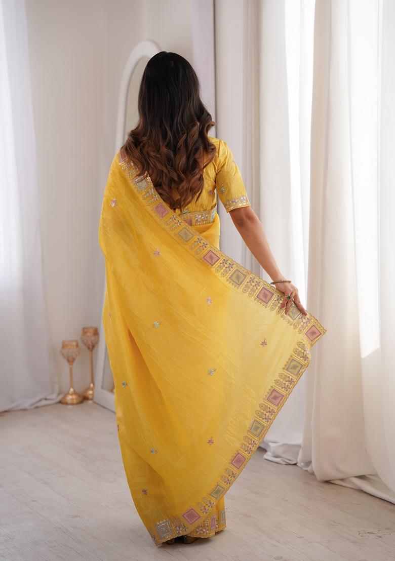 Yellow Embroidery Silk Saree Set - Indya
