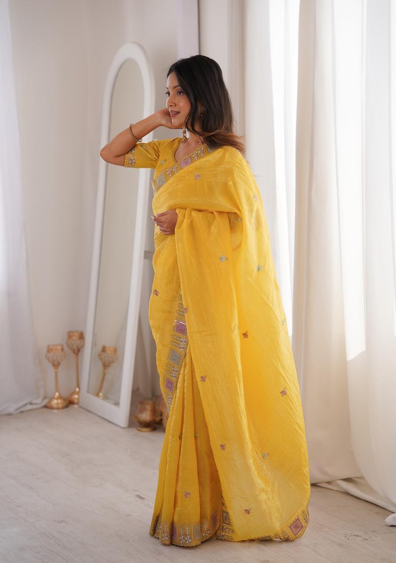 Yellow Embroidery Silk Saree Set - Indya