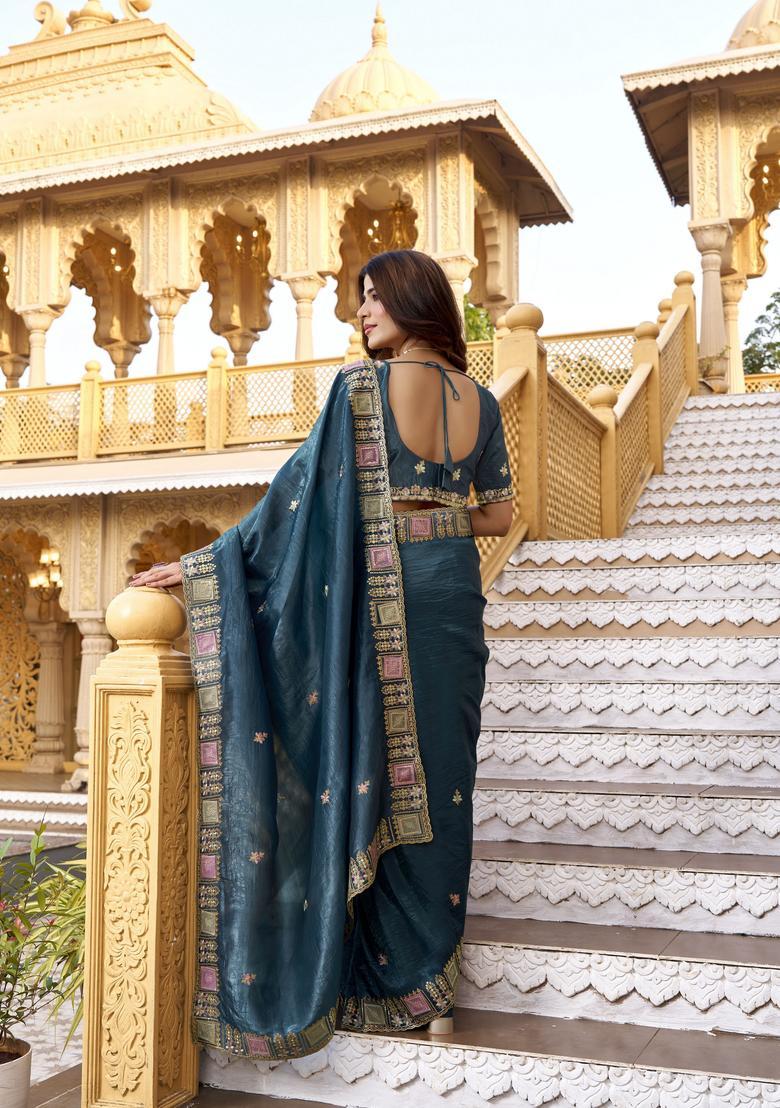 Teal Embroidery Silk Saree Set - Indya