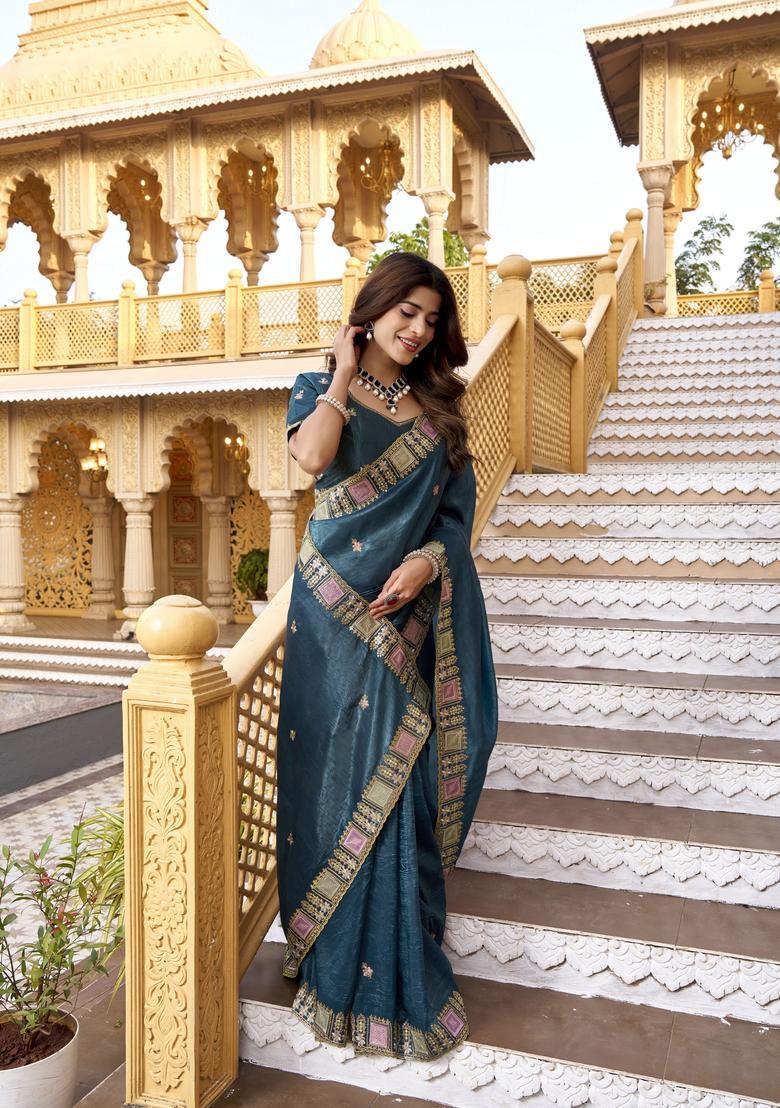 Teal Embroidery Silk Saree Set - Indya