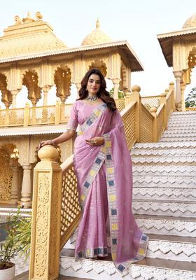 Pink Embroidery Silk Saree Set